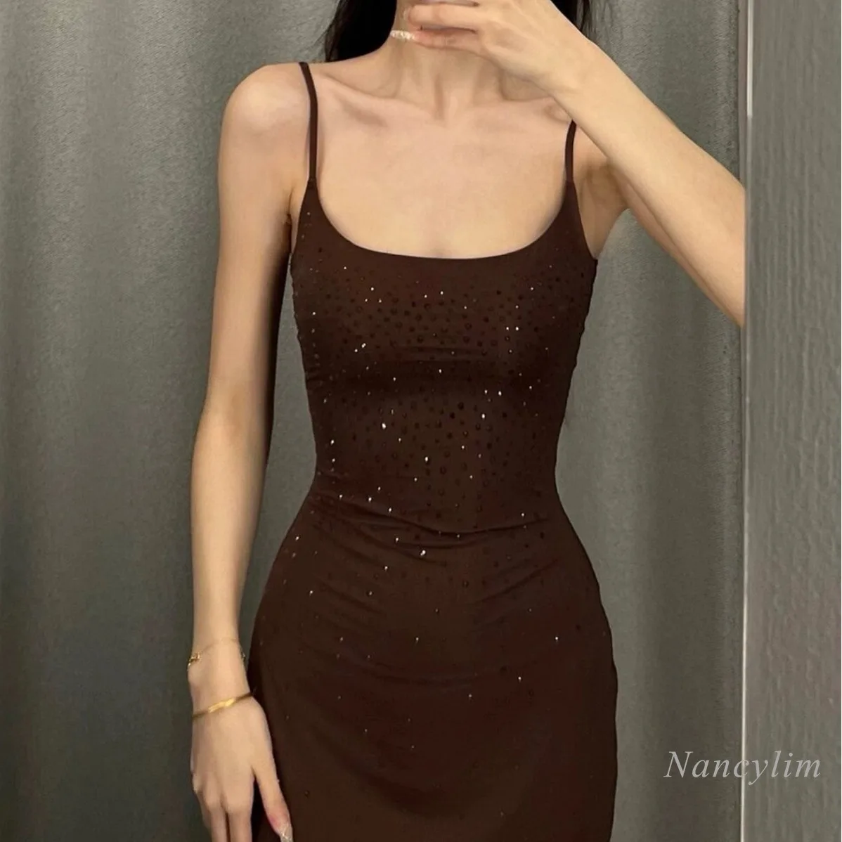 

French Sexy Camisole Dress Women Spring Summer Elegant Graceful Rhinestone Slim Strap Dress Hot Girl Sheath Dresses Underwear