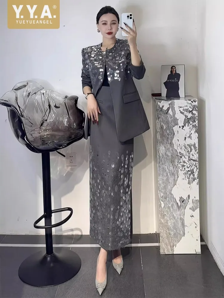 Fashion Spring Female Shiny Sequins Suits O Neck Loose Fit Long Skirt Two Piece Set Office Ladies Hot Sale Matching Sets Outfits