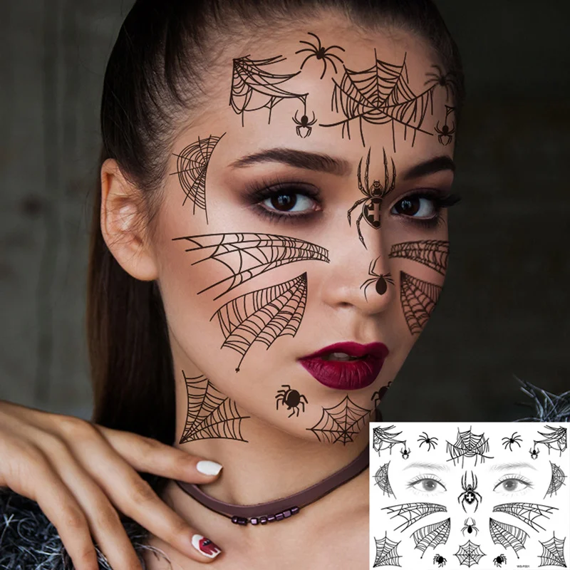 1pc Spider Face Makeup Tattoo Stickers for Halloween Spider Web Temporary Tattoos for Women Men Fake Tattoo for Halloween Party
