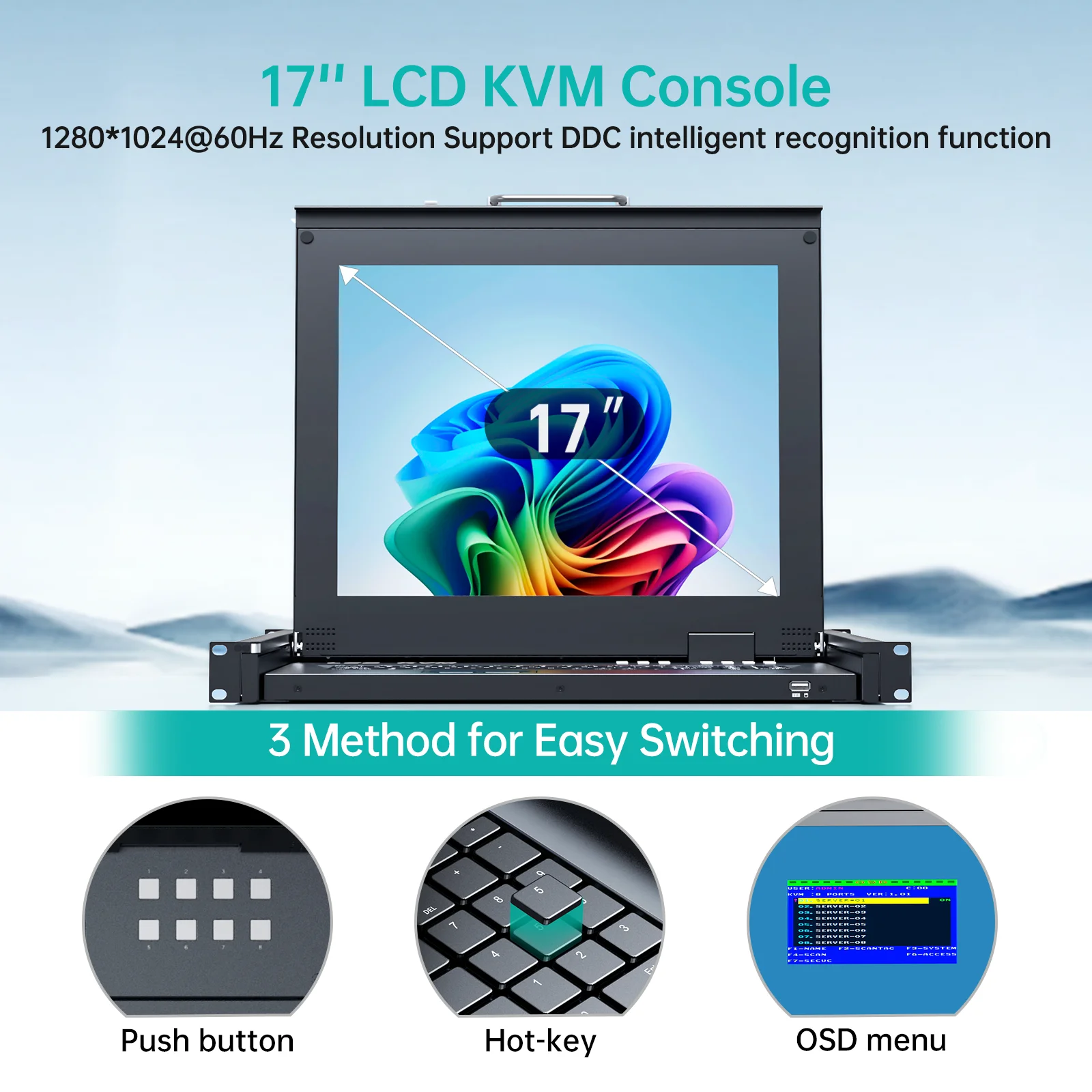 17'' Rack Mount KVM Switch VGA 8 Port, Rackmount Monitor KVM Fit 1U 19'' Rack, 600-800mm(23.6~31.8'') Depth