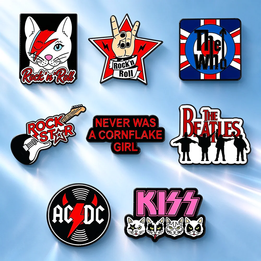 8Pcs Rock Music Theme Enamel Pin Set, Guitar Cat Rock Hand Gesture Lapel Brooches, Metal Badges for Backpack Punk Fans Gift