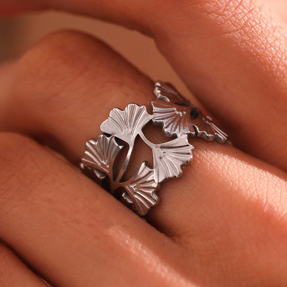 Stainless Steel Rings Bohemian Ginkgo Biloba Leaves Vintage Fresh Adjustable Open Lovers Ring For Women Jewelry Birthday Gifts