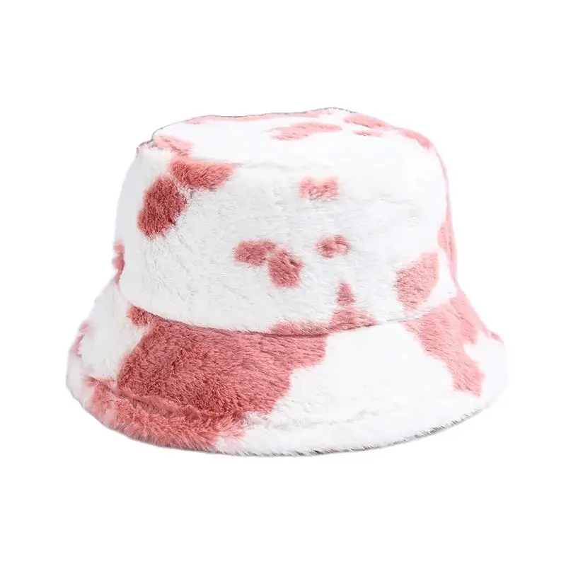 Bucket Hat Women\'s  Cow Pattern Plush Basin Hat Japanese and Korean  Versatile Lamb Wool Ear Protection Hat Cute Soft Girl