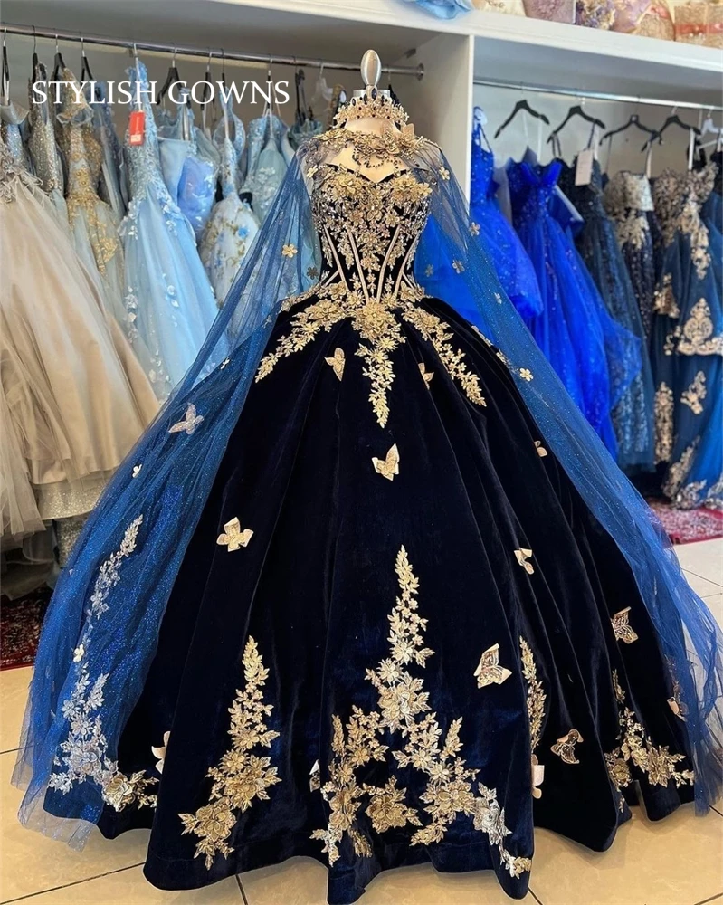 Vestido de quinceañera azul marino para niña, traje de quinceañera con apliques de cuentas, dulce 16, vestidos de fiesta de cumpleaños con capa