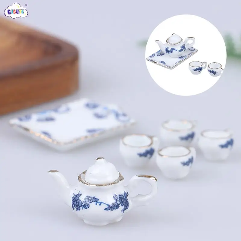 New 1:12 Scale Dollhouse Miniature Mini Porcelain Blue Print Milk Pots Teapot Water Cups Set Dolls Room Furniture Decoration