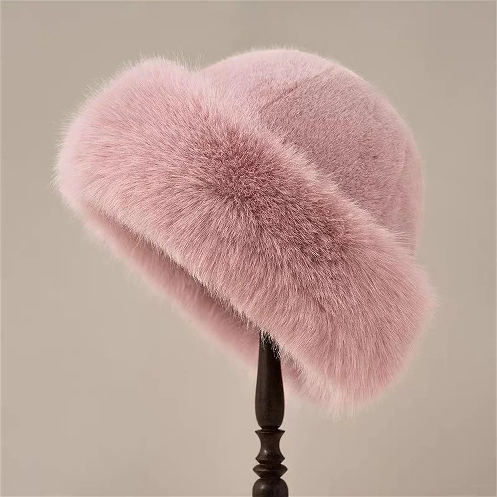 Korean Fashion Hat Women\'s Winter New Thick Warm Imitation Fur Simple Fisherman\'s Hat Imitation Mink Fur Ladies Mongolia Cap