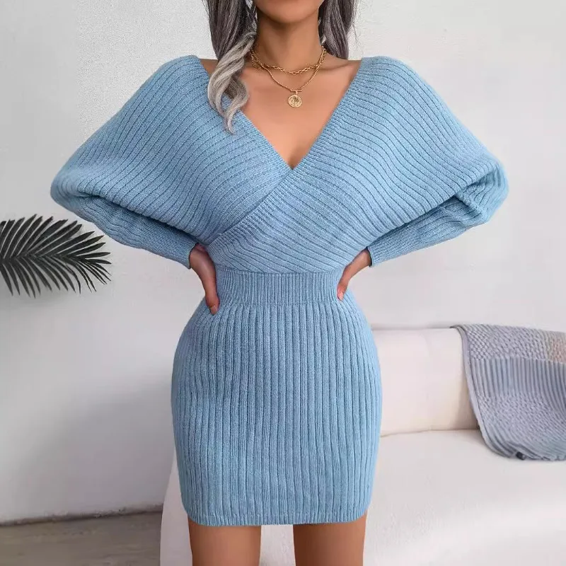 2024 Sexy Cross V-neck Bat Skirt Bag Hip Dress Woolen Dress Women\'s Dress for Women Vestido Streetwear Clothes sweater