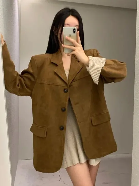 Chique herfst winter vintage kraag losse casual veelzijdige jas met lange mouwen damesmode polyestervezel