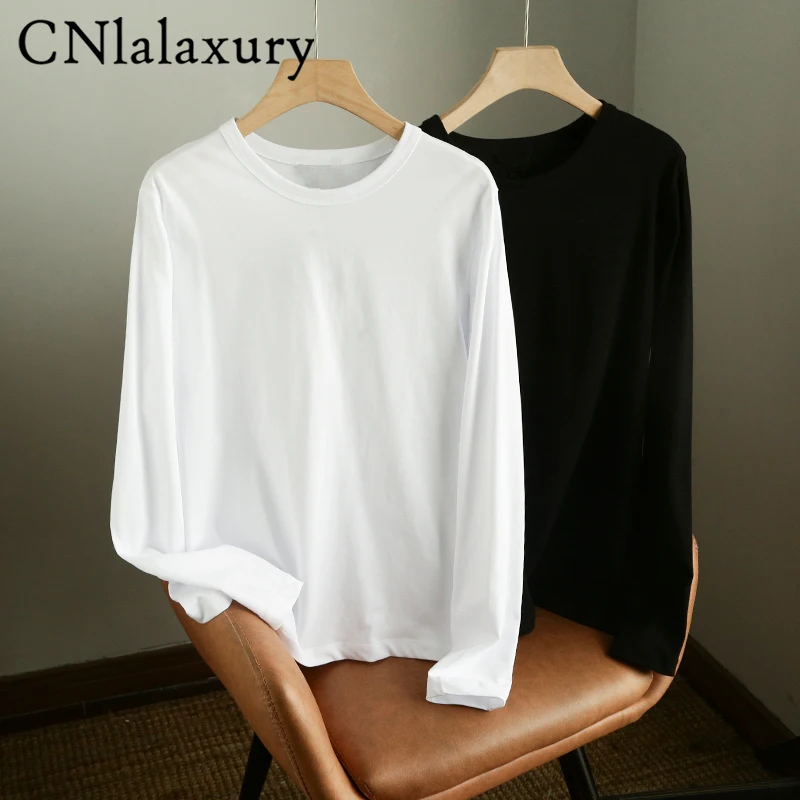 CNlalaxury 2022 New Spring Long Sleeve Solid Color Round Neck Basic All-match T-shirt Women Elegant Casual Female Tops Ladies