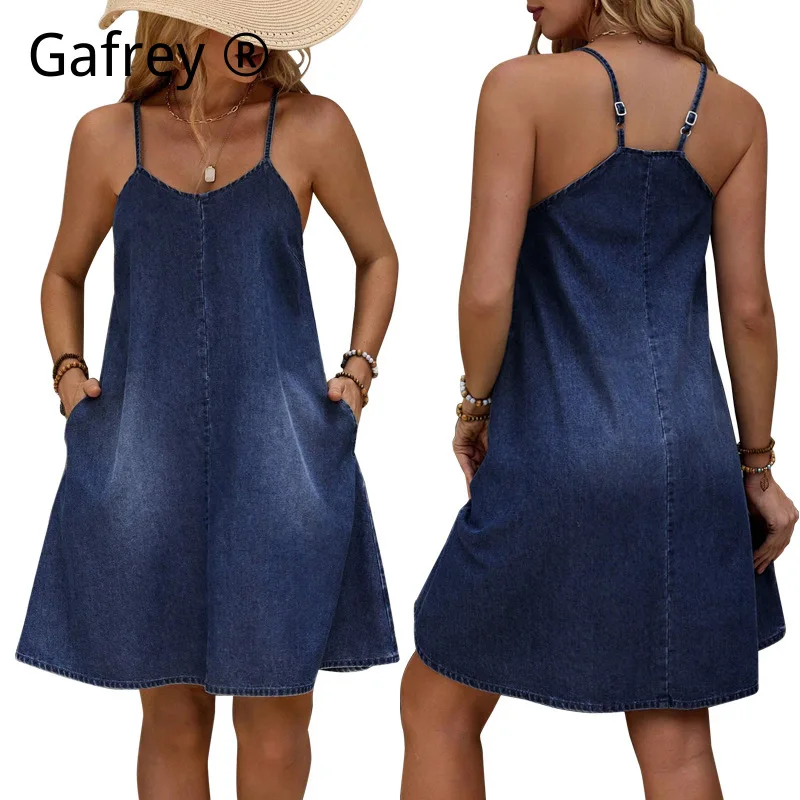 

Женское джинсовое платье на бретельках, повседневное свободное миди-платье, новое летнее платье без рукавов, джинсовый сарафан, модная уличная одежда
