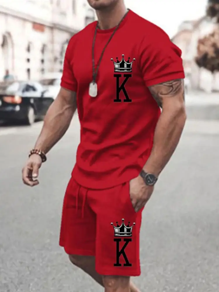 2024 New Men\'s T-Shirt Set Fashion 3D Printing K Solid Color 2-piece Set Street Shirt Shorts Pants Oversized Suit Men\'s Clothing