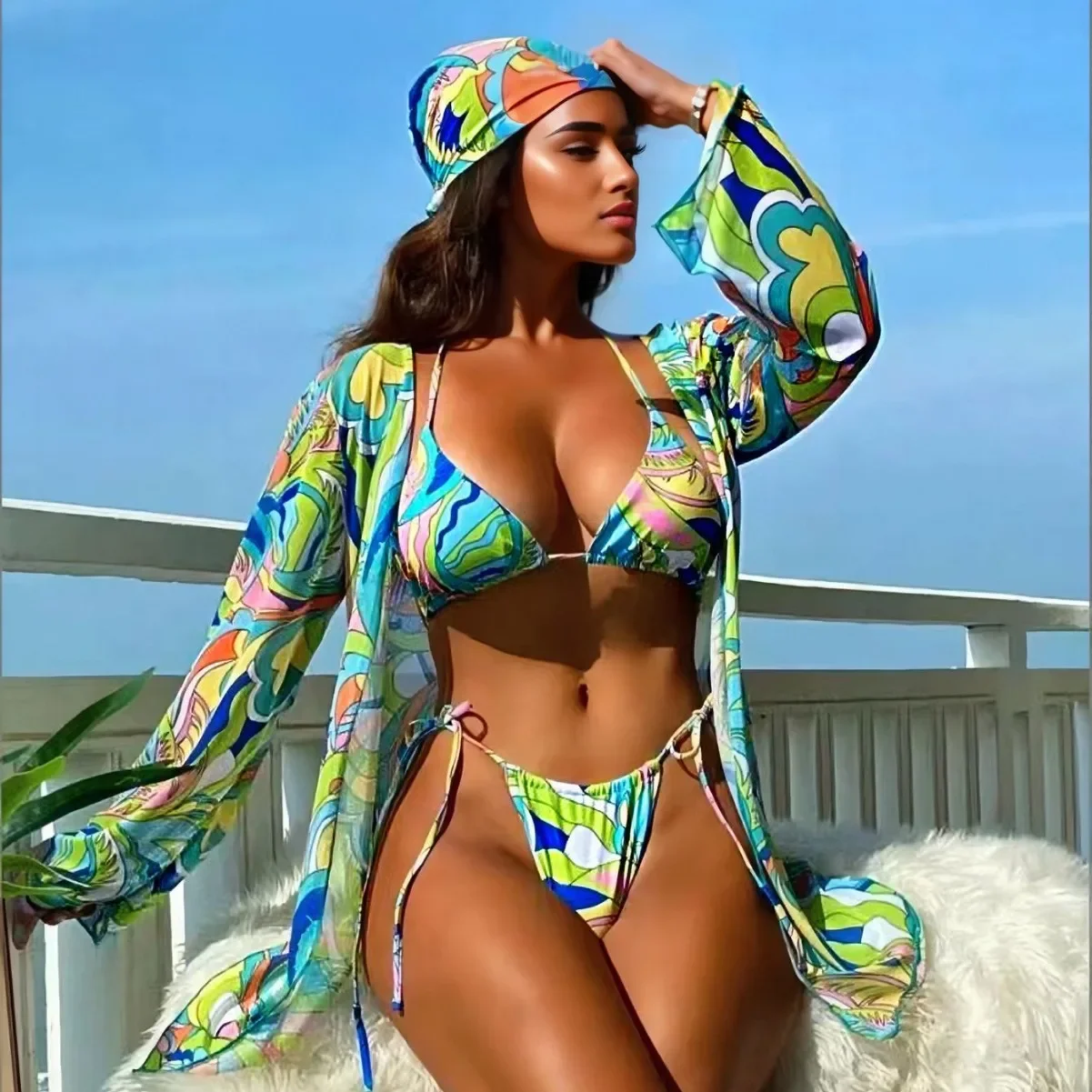 Nuevo Conjunto de 4 piezas de traje de baño para mujer, traje de baño con Tanga, conjunto de Bikini de cuerdas sexis con Kimono y pañuelo para la cabeza, ropa de playa, traje de baño para nadar en la piscina