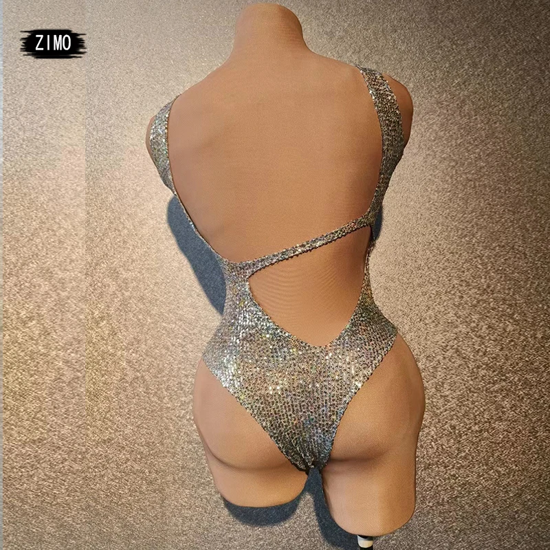 Sexy Sequin Hollow Out Women Bodysuit Stage Singer Performance Costume Night Club Party Backless Pole Dance Performance Outfits