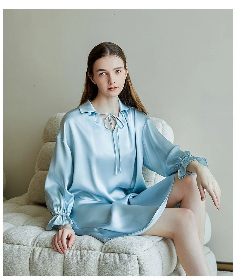 

Bell Sleeve Nature Silk Shirt Nightgown Women's Long Sleeve Nightdress Homewear Female Mulberry Silk Nightshirt Pajama Dress