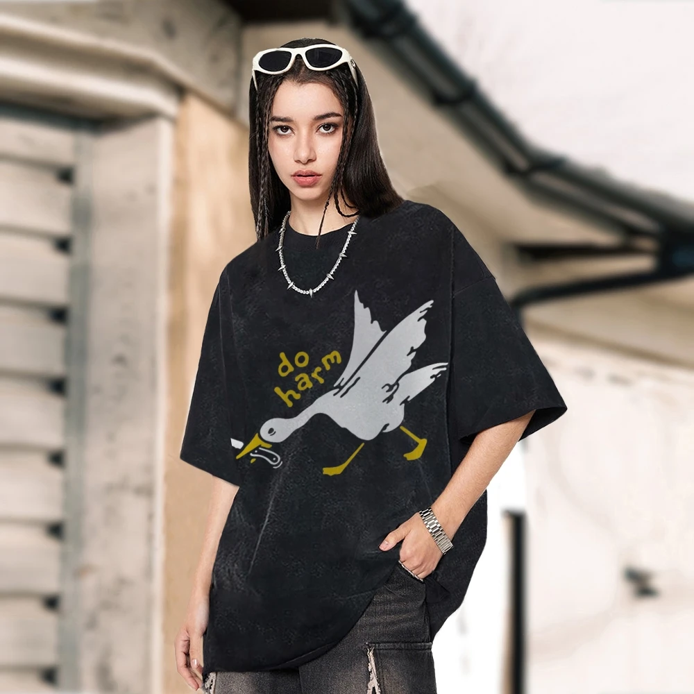 Witte Ganzenprint Casual Eenvoudig Unisex T-Shirt Gewassen Katoen Ademende Korte Mouw Oversized Losse Schattige Top 2024 Zomer