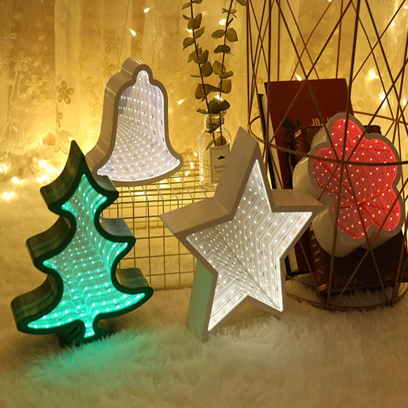 3D Mirror Lights Bells Tree Pentagram Love Night Light Infinity Creative LED Mirror Tunnel Lamp for Kids Baby Toy Gift