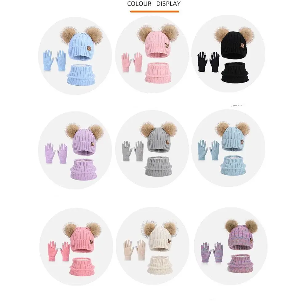 3Pcs/ Set Fleece Lined Hat Scarf Gloves Set Thermal Protection Thickened Material Children's Beanie Cap Knitted Cap Windproof