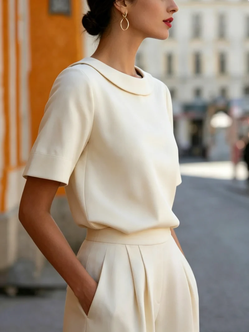 Elegante Kurzarmbluse mit abgerundetem Kragen und strukturierter Passform für Damen im Büro oder für formelle Anlässe. – Detail 13