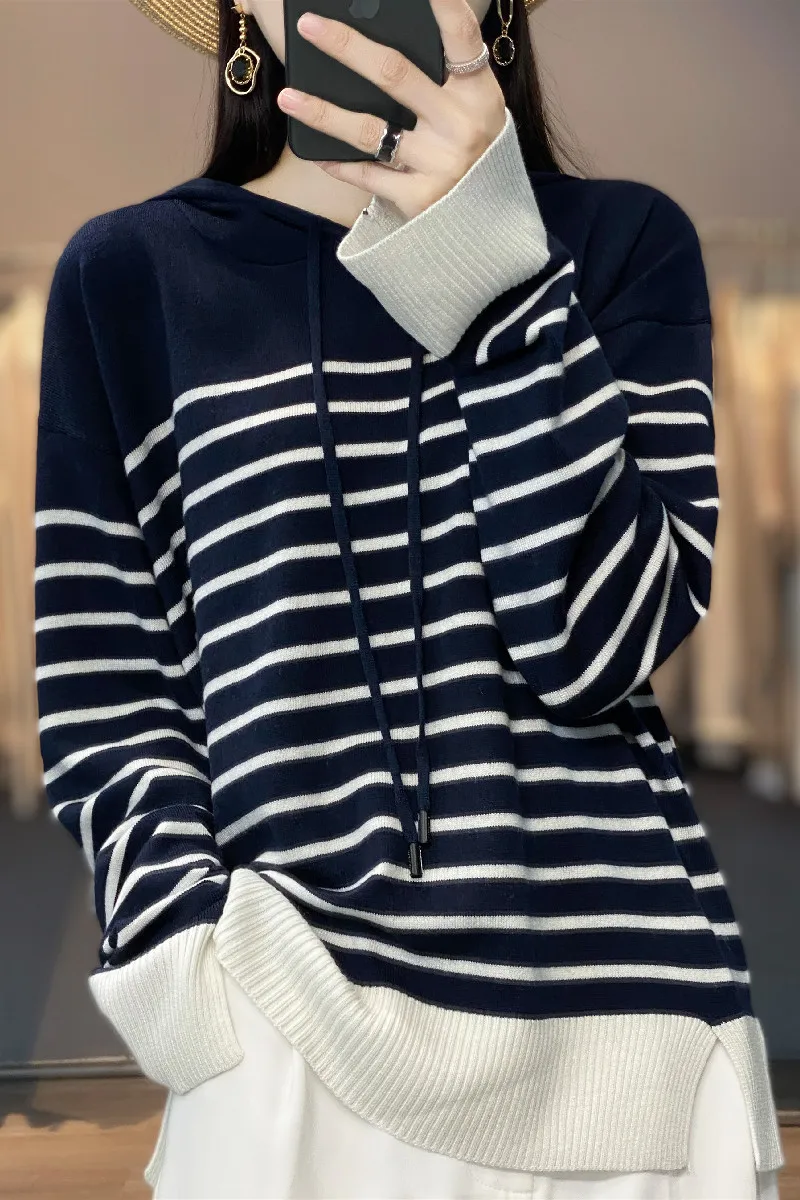 

Latest Spring And Autumn Hoodie Refined Wool-Like Women's Sweater Knitted Striped Pullover Loose and Comfortable Outer Wear