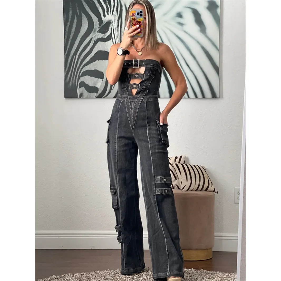 Y2k Women's Denim Jumpsuit Trendy Fashion Spice Chest Breasted Multi-Pocket Cargo Pants Hollow Out Sexy Streetwear Slim Overalls