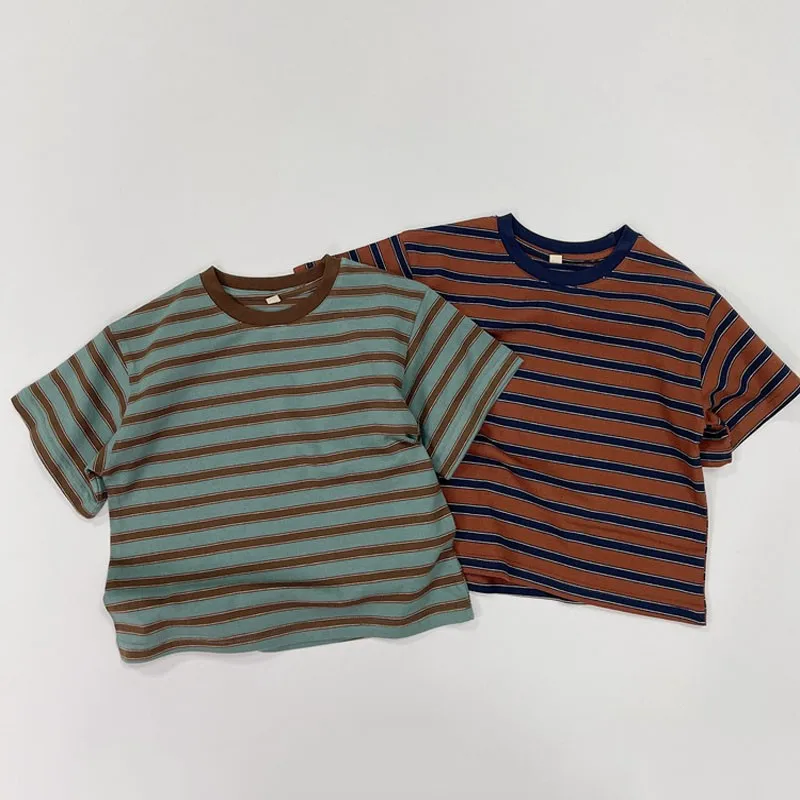 

Children Summer Striped T-shirt Boys Cotton Pullover Tops Casual Simple Tshirt Girls Versatile High Quality Organic Cotton Tops