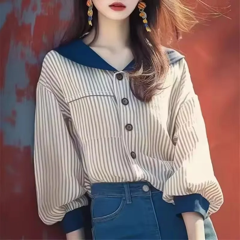 

Navy Collar Striped Blouse Spring Summer Contrast Color Single Breasted Women Tops Pocket Patchwork Shirts Sweet Ladies Tops