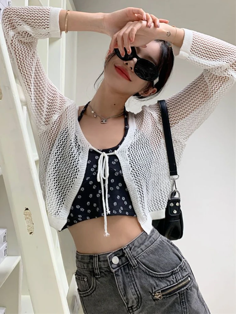 Cardigans Women Sunscreen Thin Summer Knitwear Hollow Out Cropped Casual See-through Streetwear Ins Chic Fashion Loose College