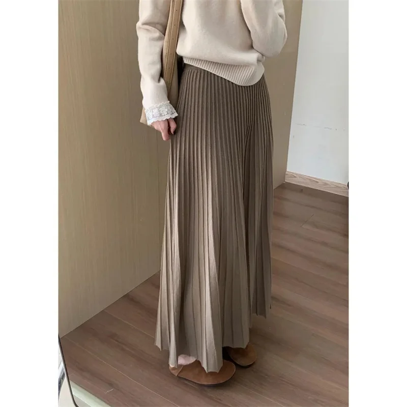 

2026 Khaki Cashmere Knitted Midi Skirt for Women, Loose Fit, Draped, Slimming A-Line Pleated Skirt for Autumn and Winter