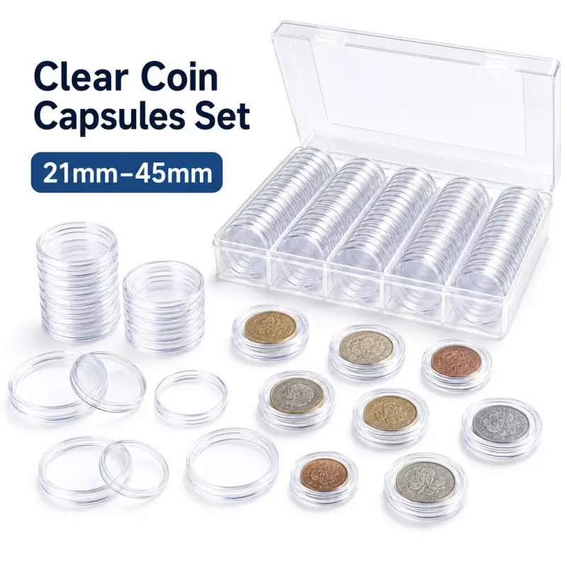 21-45mm Clear Transparents Plastic Coines Storage Display Protection Box Collection Box Round Protective Case Container