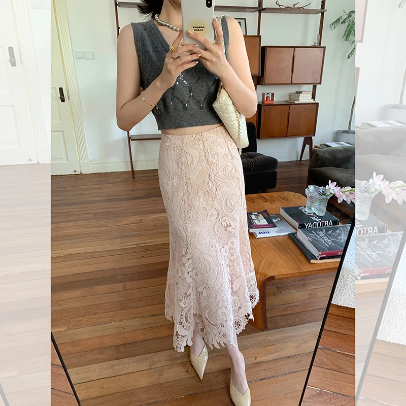 

High-End Lace Skirt Faionable Ele Women's Mid-Length Midi Skirt Slimming f-length Spring 2023 New Arrival YUM STAR