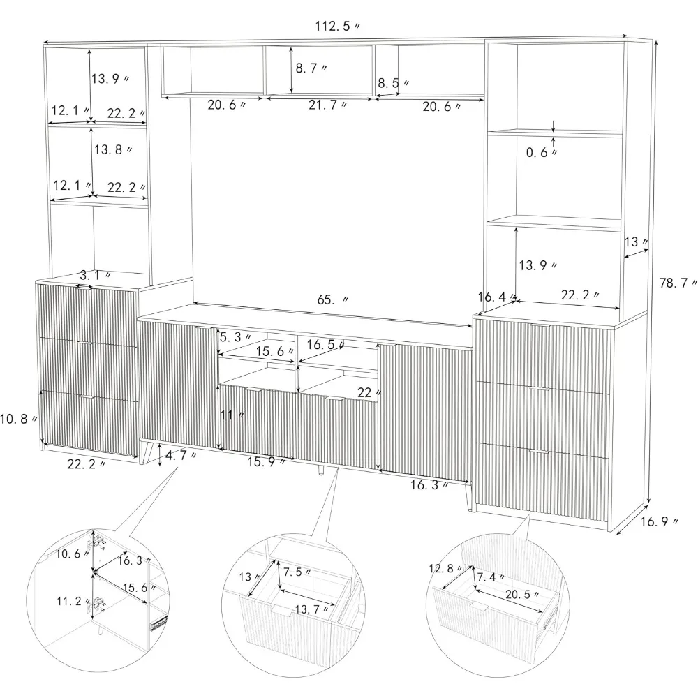 Merax-Meuble de divertissement mural multifonctionnel, meuble TV, armoire de rangement multimédia, 13 étagères, 8 tiroirs de proximité, 2 armoires, 4 pièces