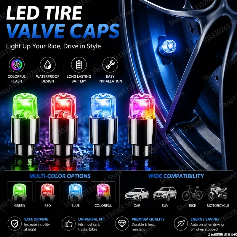 LED Tire Valve Cap Lights, Multi-Color Flash, Waterproof, Motion Activated, for Cars, Motorcycles & Bikes
