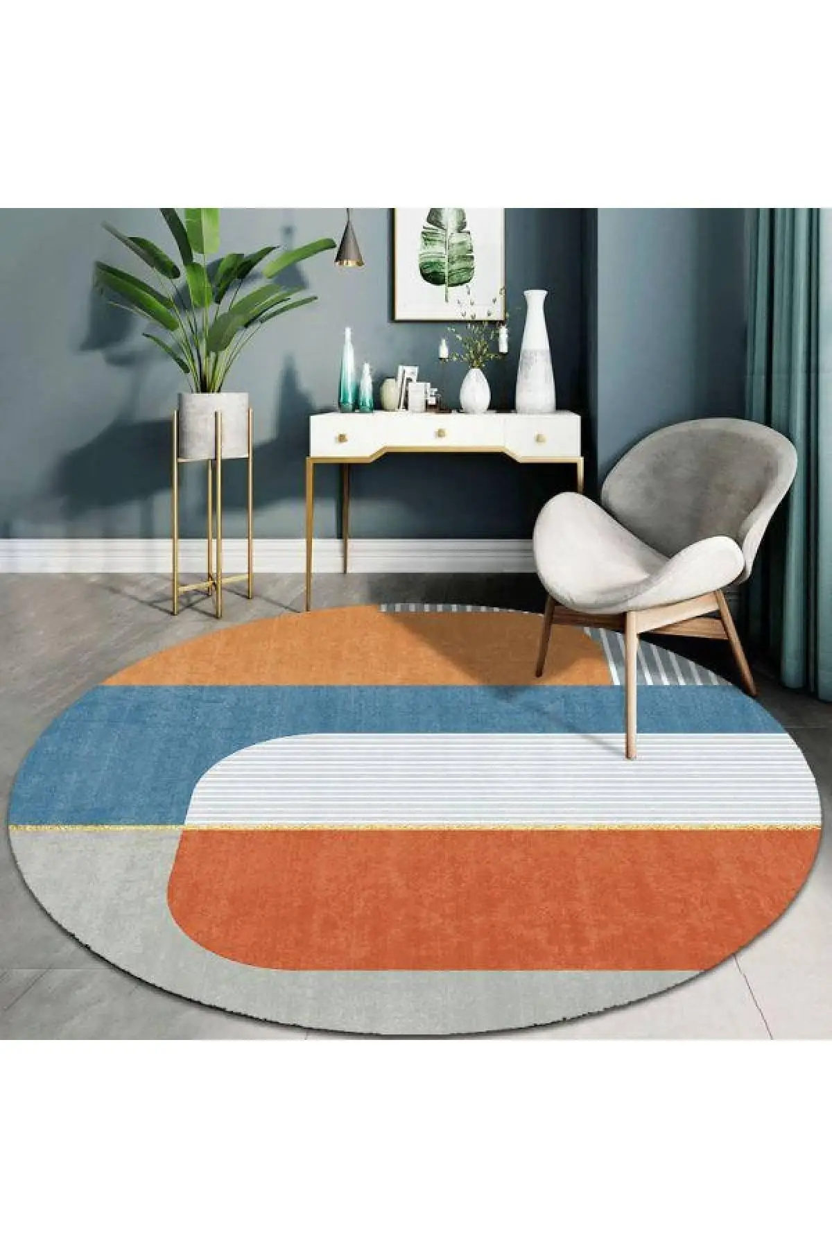 DOLBOVI digital printed non-slip base washable Modern orange blue blue tone round living room and Antre carpet