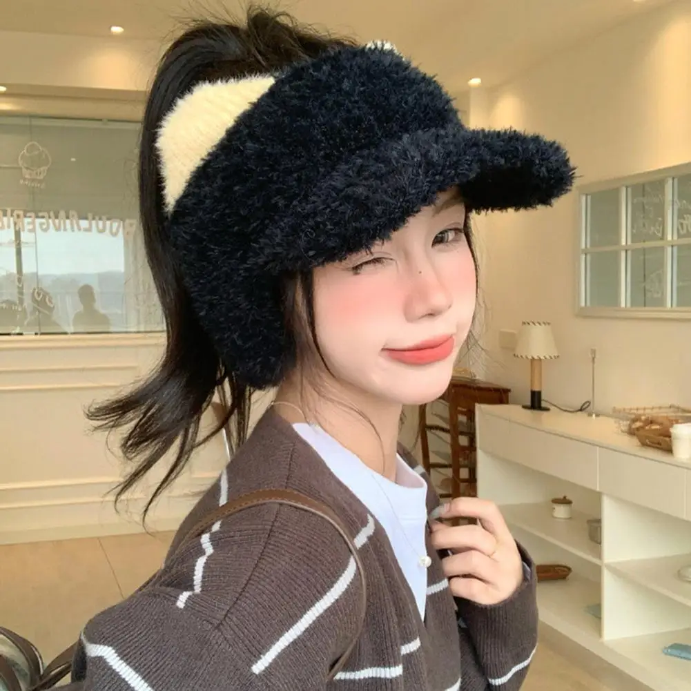 Korean Style Winter Accessory Open Top Peaked Cap Winter Visor Cap with Ear Flaps Plush Hat with Brim Open Top for Women