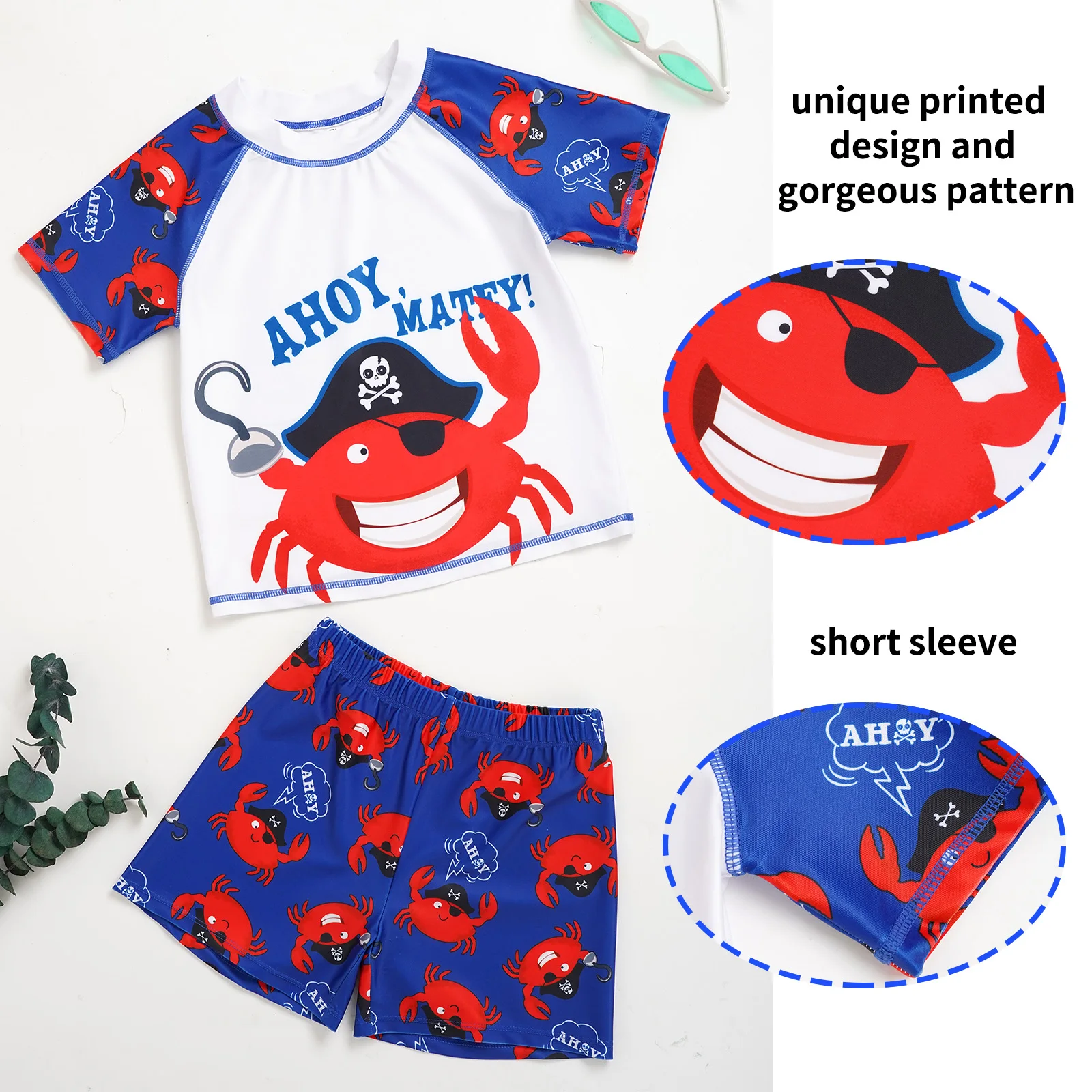 Nimiya Kids Boys 2Pcs  Mock Neck Short Sleeve Swimwears with Cartoon Crab Shark Dinosaur Printed Top and Shorts Pool Beachwear