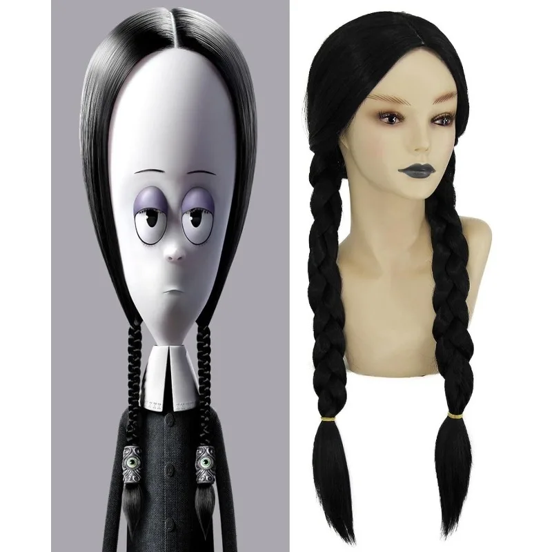 Peluca de Cosplay de mamá de la familia Addams, pelo largo negro de seda de alta temperatura, máscara de Halloween, bola, uso diario, cubierta de peluca