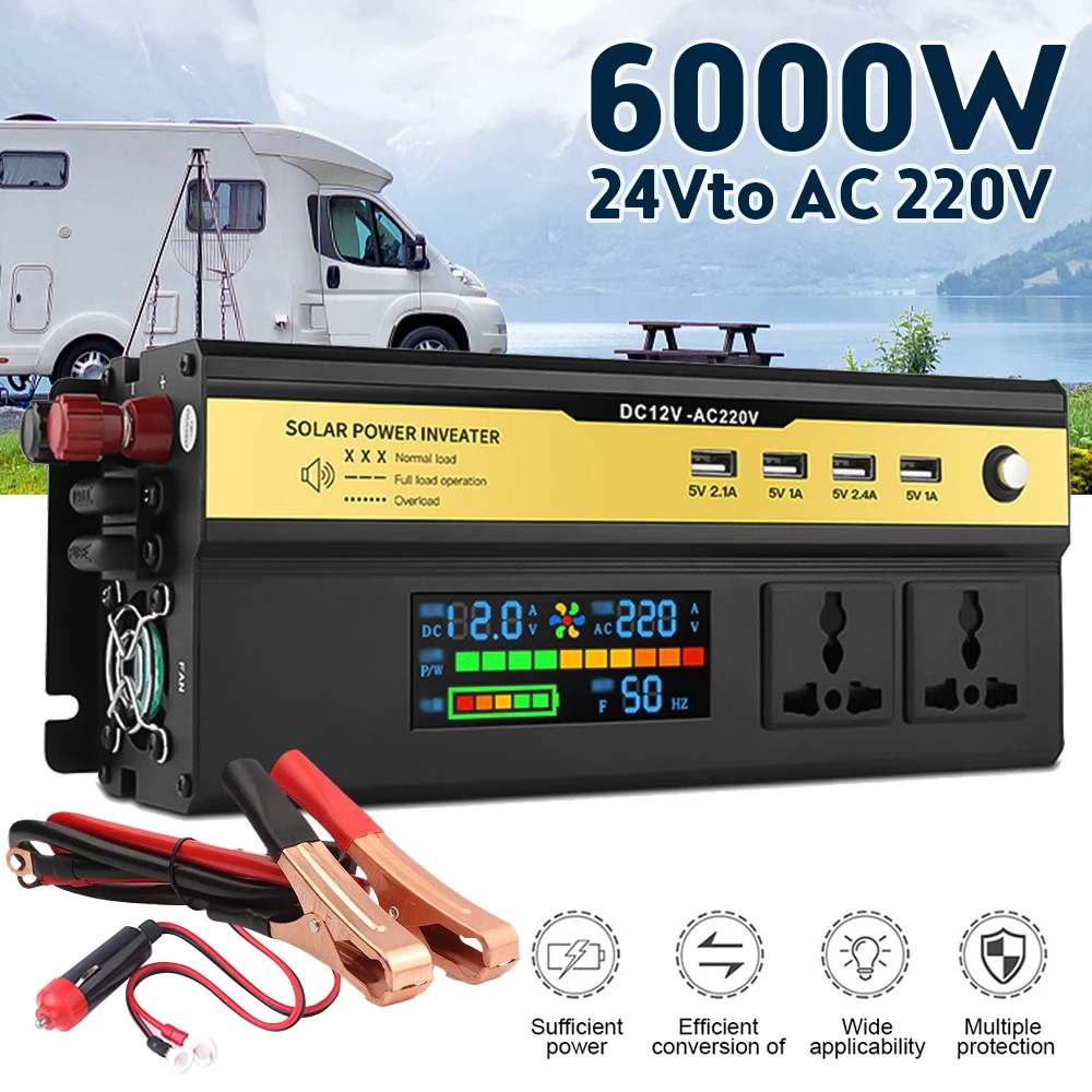 3000W 4000W 5000W 6000W Modified Sine Wave Inverter DC 12V 24V To AC 220V Converter Dual Socket Charger with LCD Display