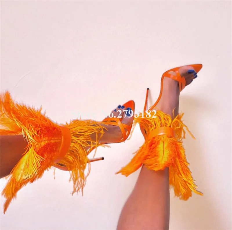 Charming Feather Sandals Sexy New Fashion Women Pointed Open Toe Orange White Black Pink Fur Stiletto Heel Dress Shoes