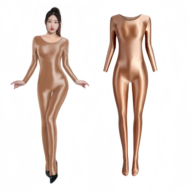 

70D Silky Touch Long Sleeve Full Body Stockings Satin Glossy Shaping Jumpsuit Women Sexy Oil Shiny Sports Yoga Bodysuit