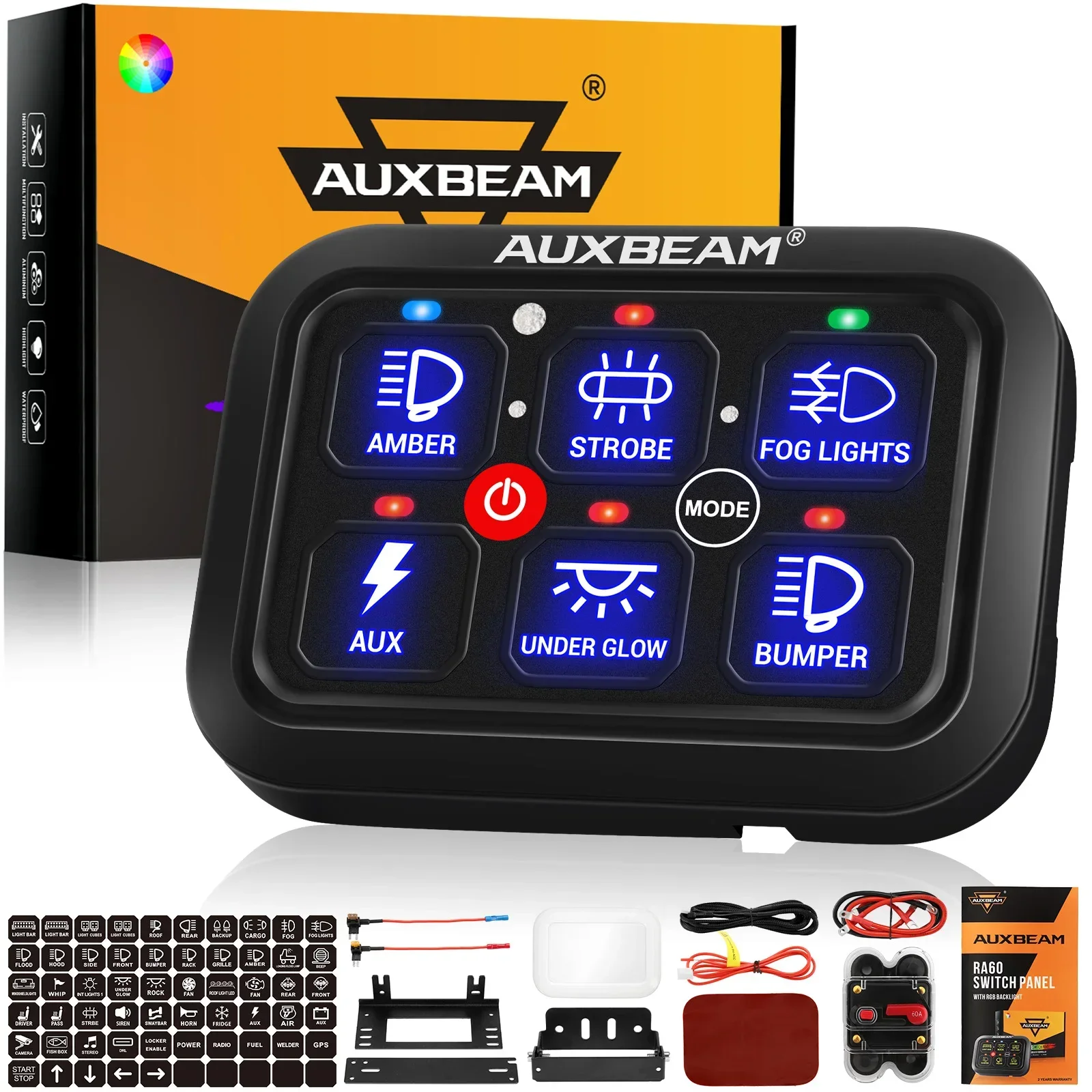 AUXBEAM RA60 6 gangs Switch Panel RGB Light DIY On-Off Control 720W-1400W Universal Electronic Power Relay System for Cars ATV