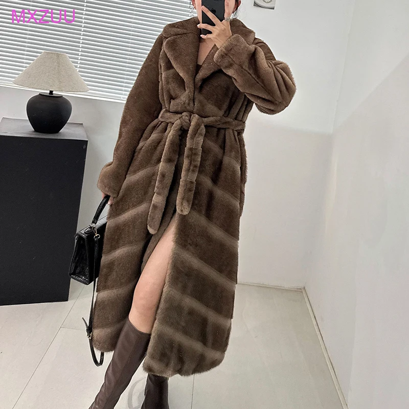 Faux Fur Coat Winter Women Korean Fashion Lapel Hook Belt Slim Coffee Versatile Long Imitation Mink Fur Coat Roupas Feminina