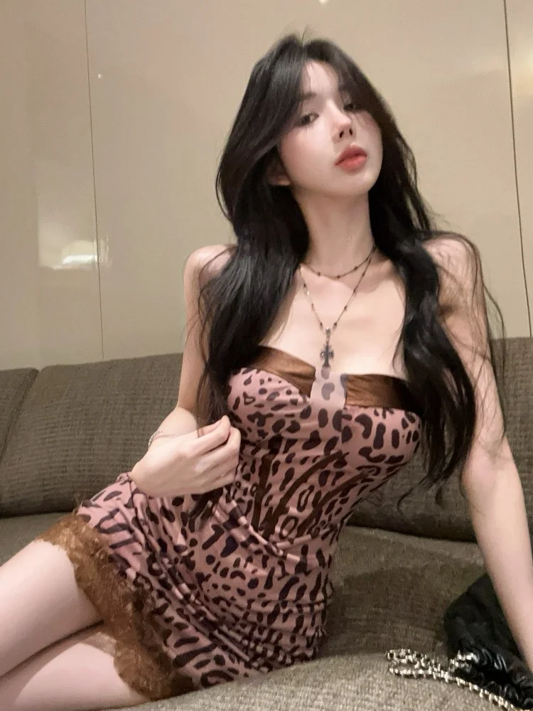 

American Leopard Print Lace Halter Dress Women Summer Pure Desirable Sexy Butt Covering Skirt Fishbone Strap Dress
