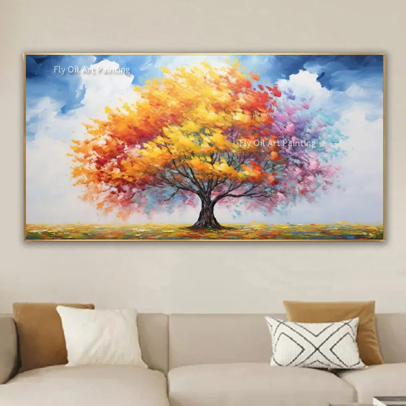 Colorful Tree Landscape Oil Painting Handpainted Orange Yellow Autumn Tree Scape Thick Canvas Wall Art Specail Modern Art Decor