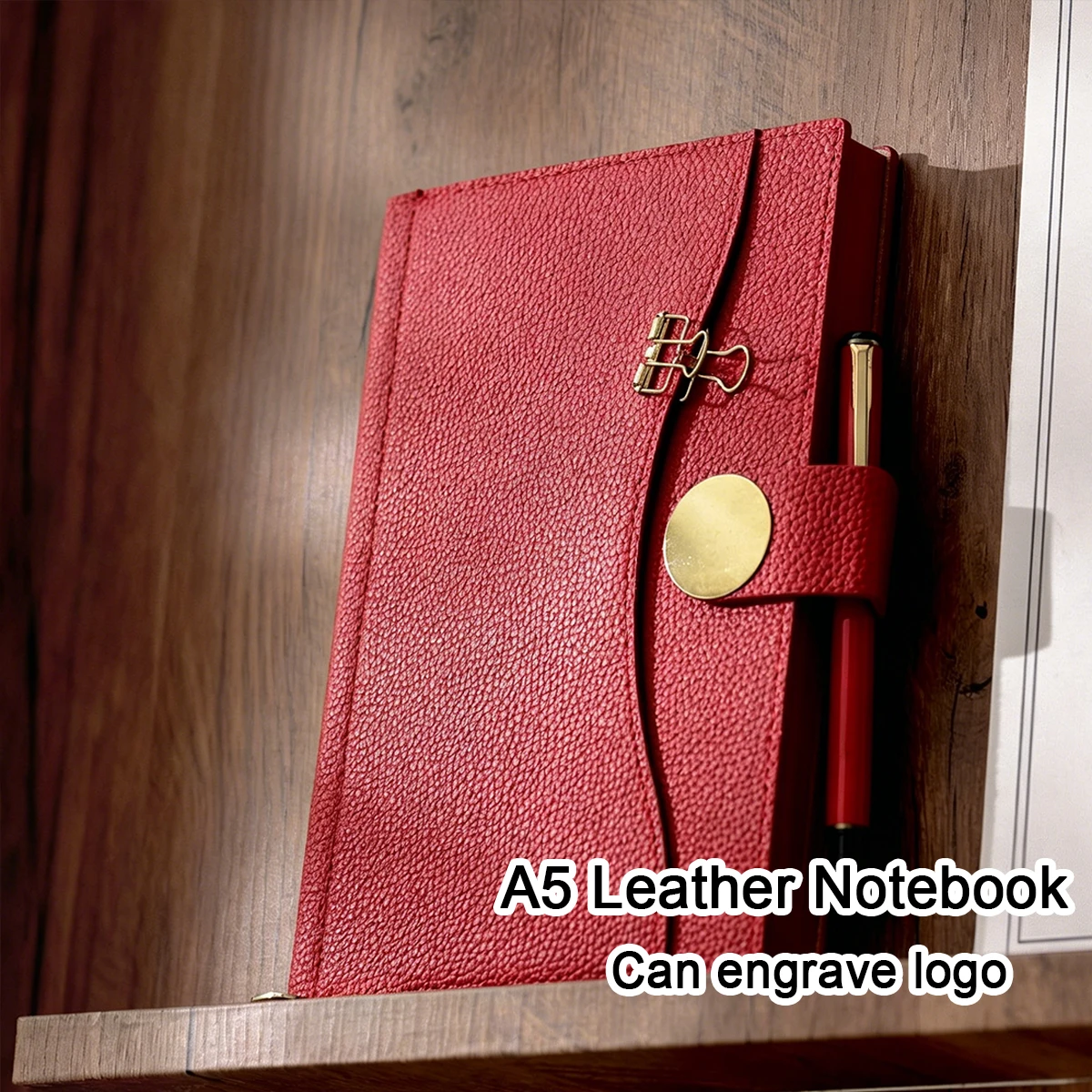 (Can Engrave Logo) A5 Lychee Pattern Leather Buckle Business Notepad, Student Notebook, Thickened Diary, Work Meeting Recordbook