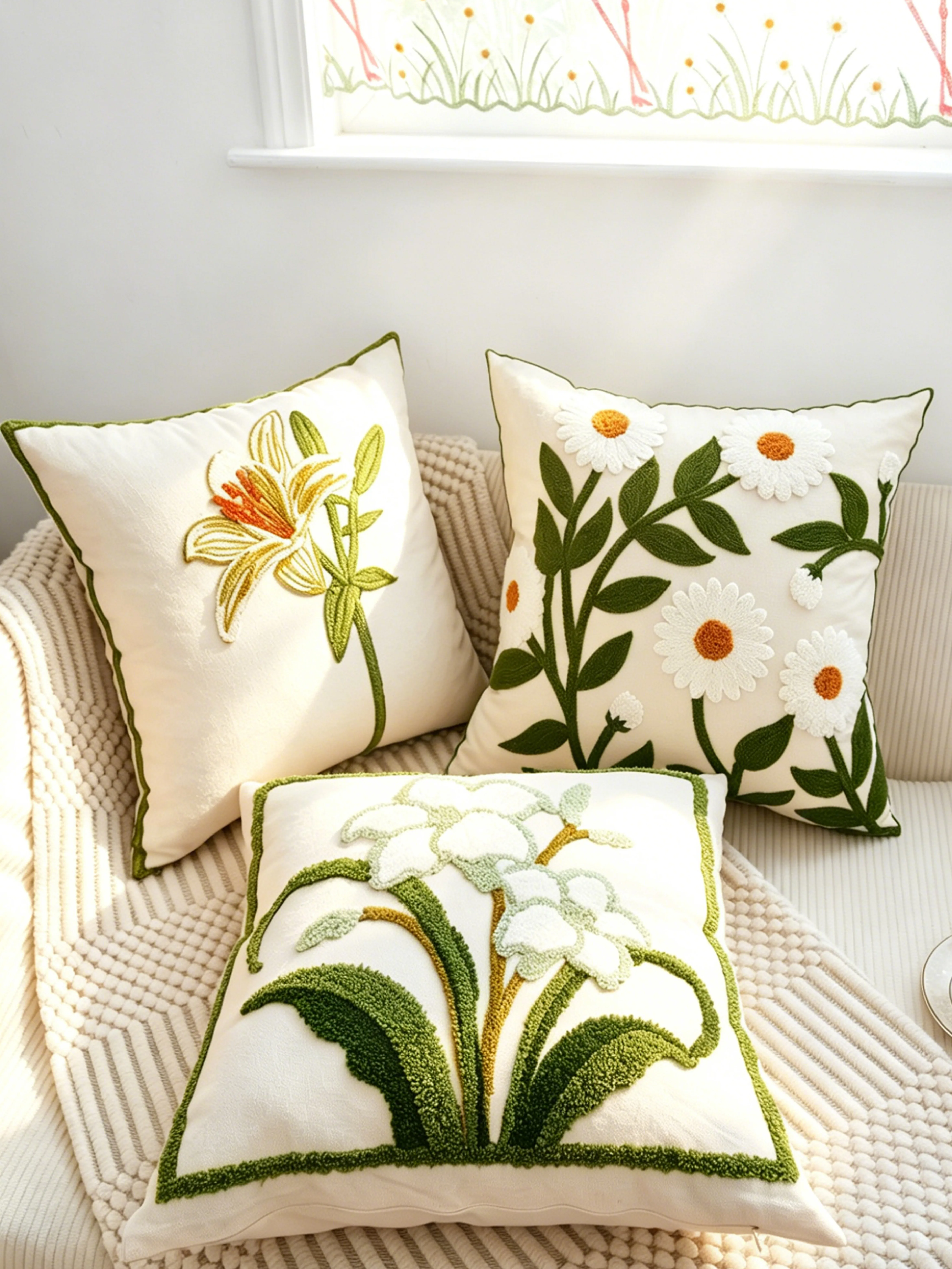 1pc Spring Embroidered Floral Cushion Cover, Soft Fabric, 45*45CM, Suitable For Living Room, Bedroom, Sofa, Home Decor