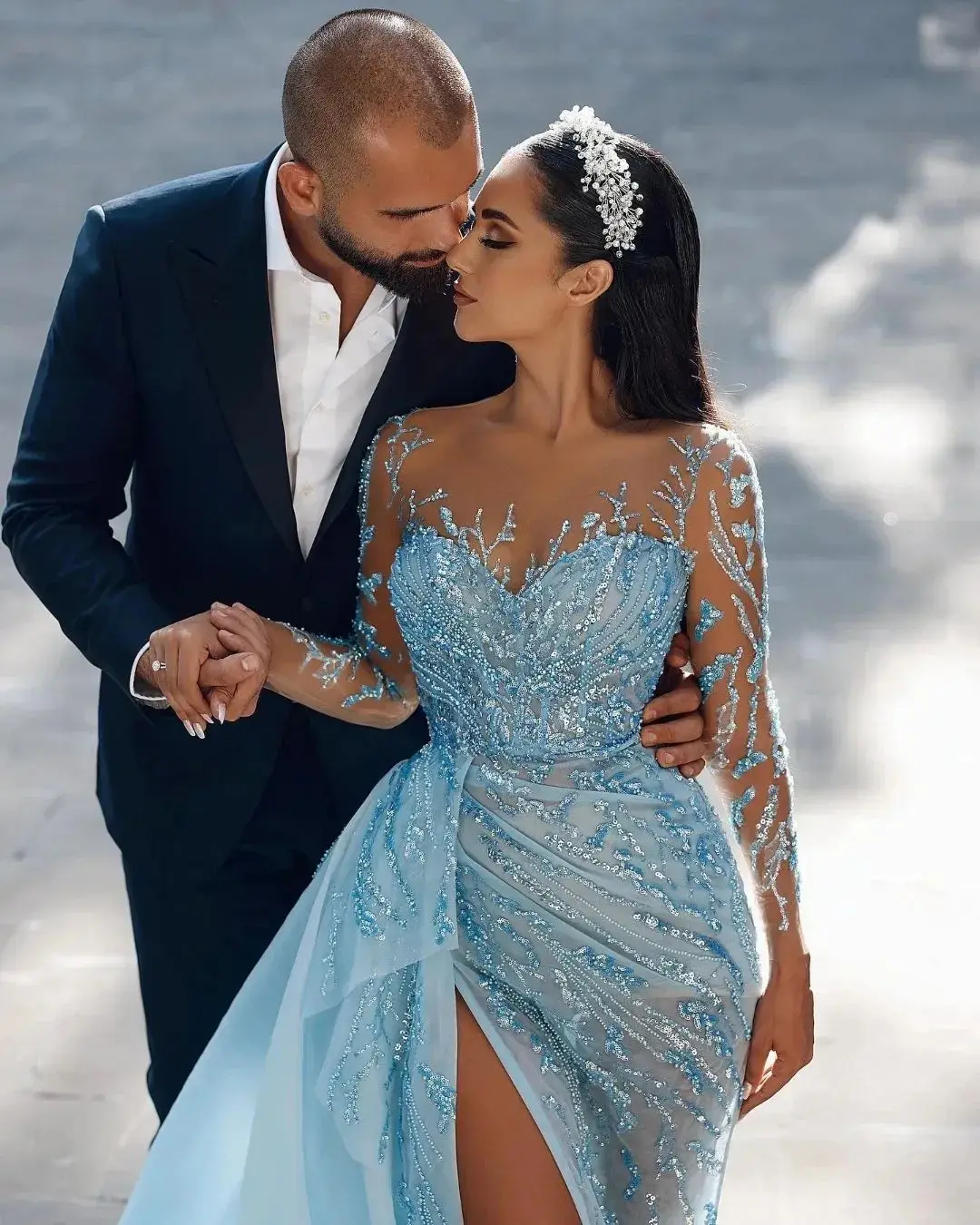 Luxurious Sexy Evening Dresses Full Sleeve Side Train Mermaid Prom Dress New Designed Sky Blue High Neck Formal Party Gowns