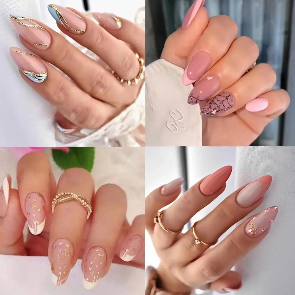 24pcs Detachable Simple Wavy DIY Fake Nials Four-leaf Clover French Long Almond False Nails