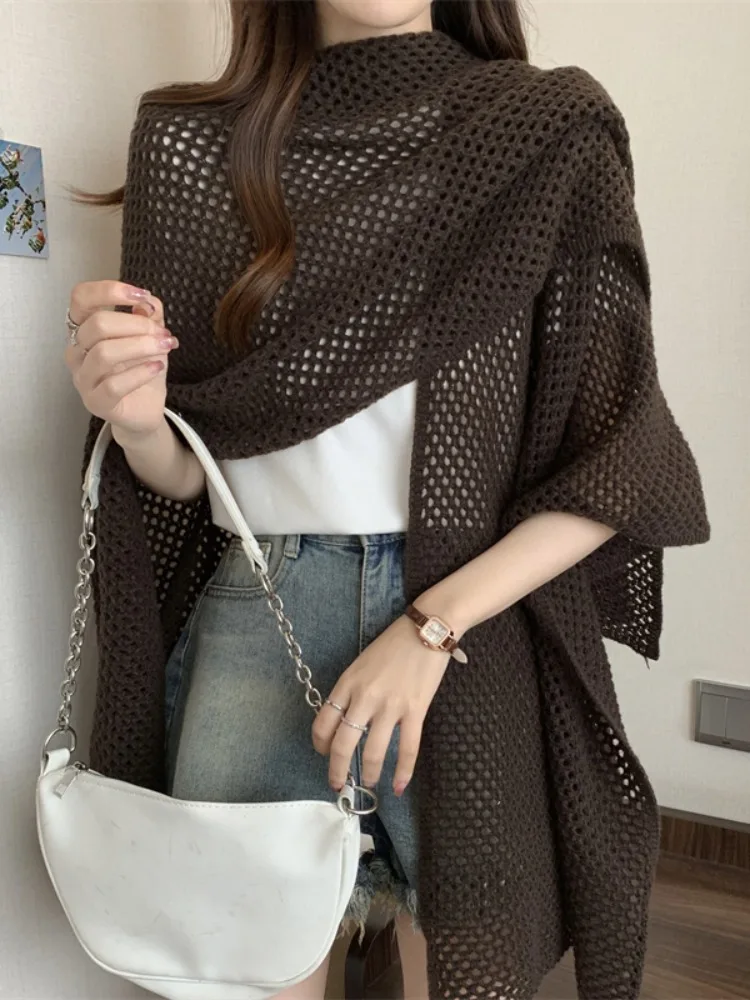 Maillard Brown plus Size Fat Sister Cape and Shawl Knitted Cardigan Women\'s Summer Coat Hollow Cloak Air Conditioning Shirt