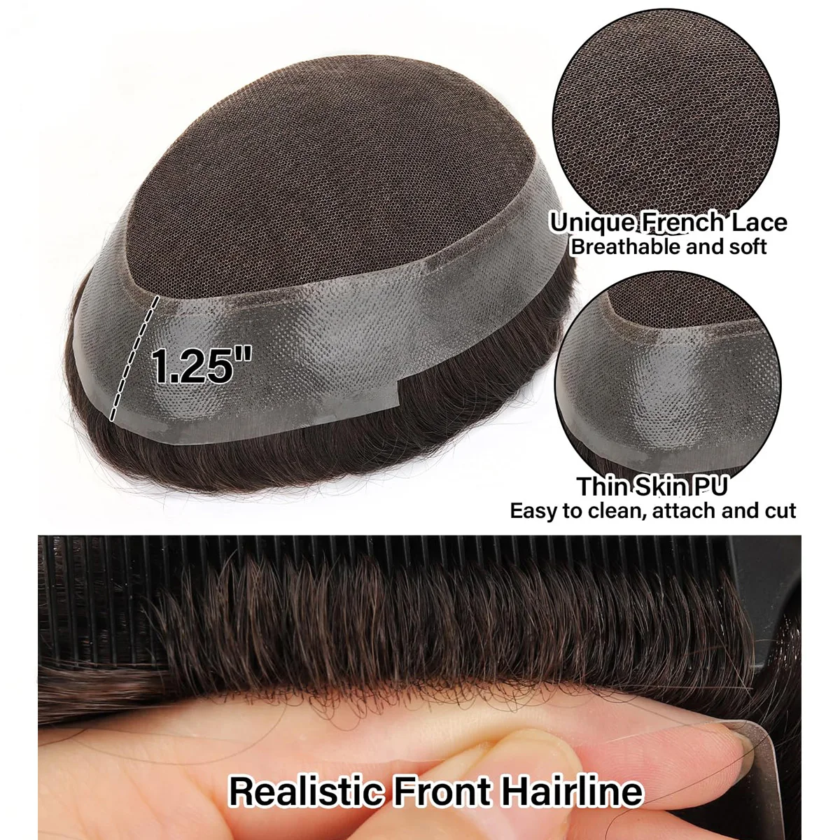 

Мужской парик из натуральных человеческих волос: французское кружево по центру, полиуретановая основа по периметру, дышащая система замещения волос, прочный мужской парик-накладка