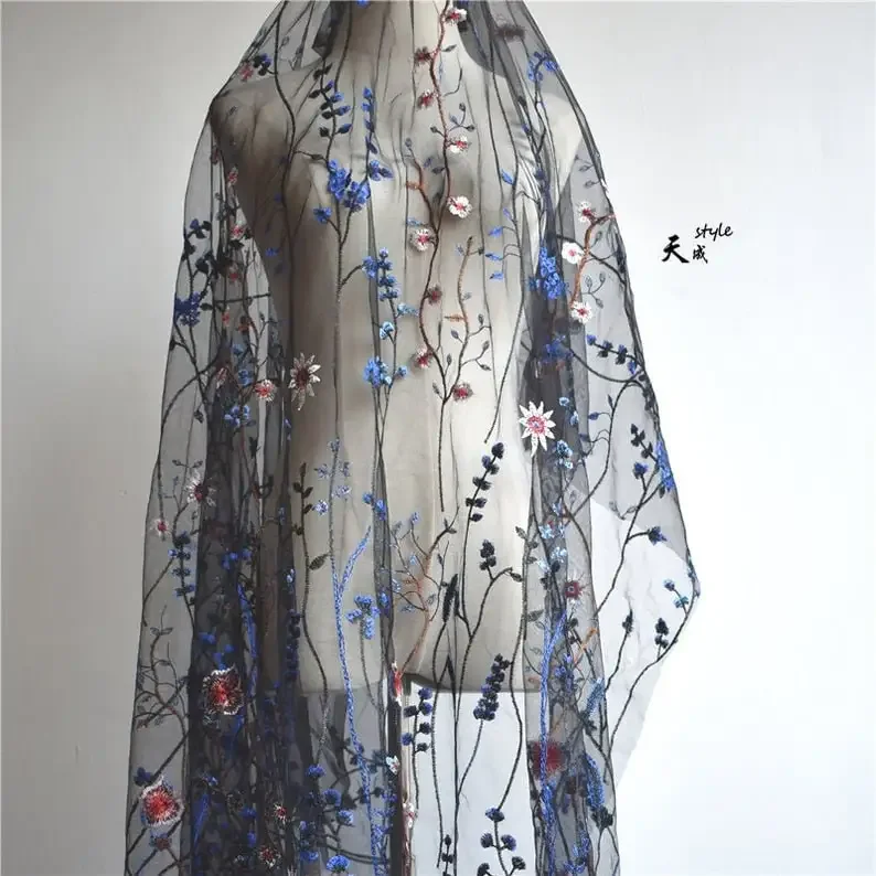 Exquisito tela de encaje bordado con flores azules, tela Floral con flores azules, encaje de boda, tela para vestido de novia, 1 yarda